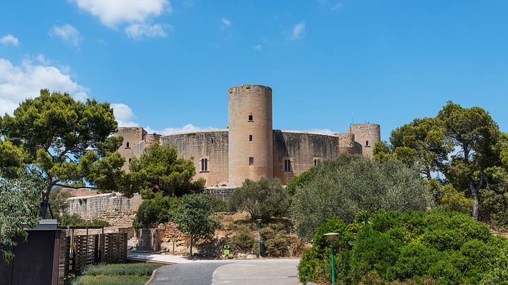 A circular Gothic castle on a hill surrounded by trees against a partly cloudy sky