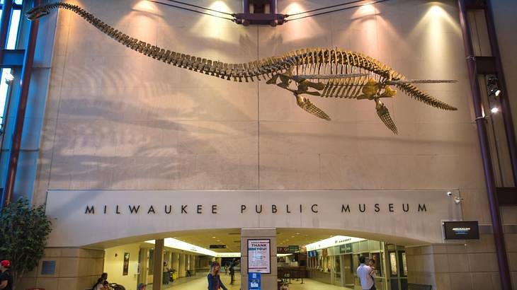 An entryway with a Milwaukee Public Museum sign and an animal skeleton replica