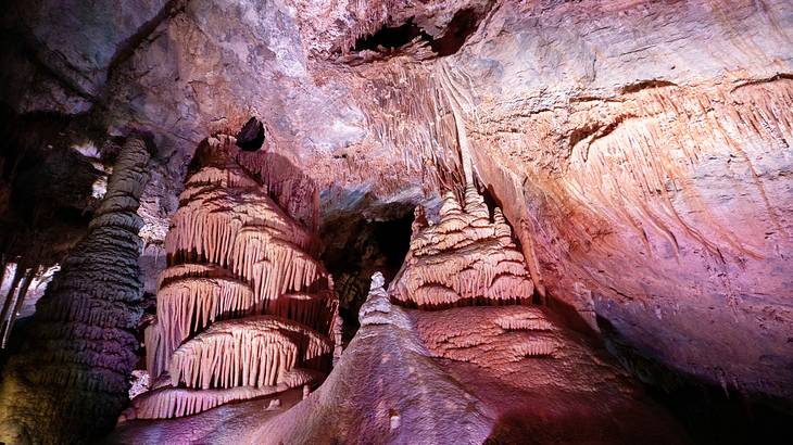 The inside of a limestone cave with stalactites and stalagmites
