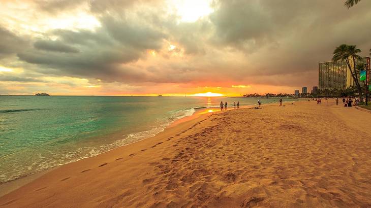 A beach at sunset with palm trees and buildings in the distance