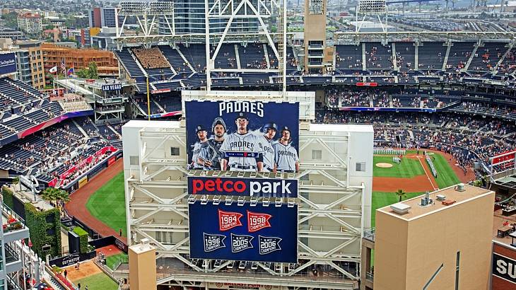 A baseball stadium with a sign that says "Padres, Petco Park"