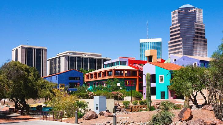 Unique colorful buildings next to taller buildings and green plants
