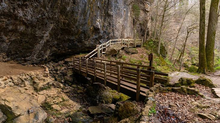 A wooden walkway leading to a cave wall, on a rugged terrain