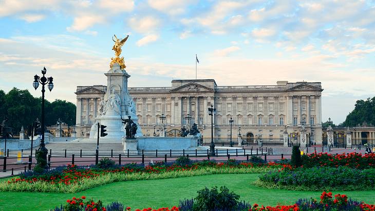 A view of Buckingham Palace from the gardens