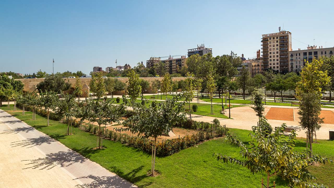 Green grass parklands with concrete pathways passing through