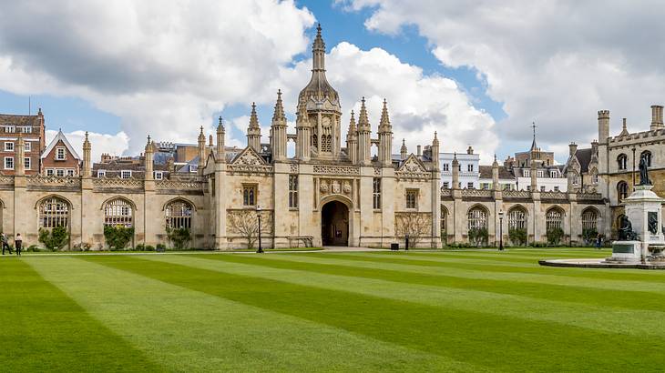 View of the lawn at King's College Chapel in Cambridge, UK
