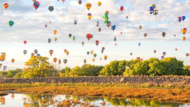 Multi-color hot air balloons flying over water against green trees
