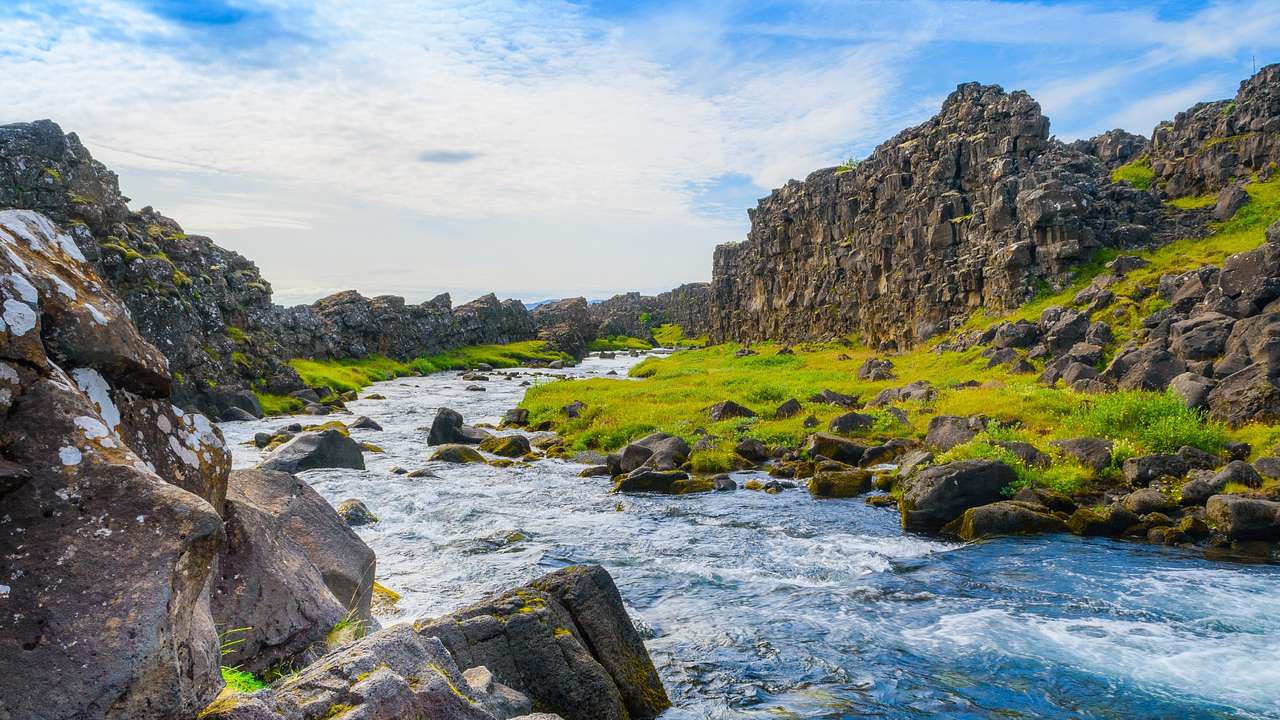 A river flowing through grassy banks and rocky cliffs