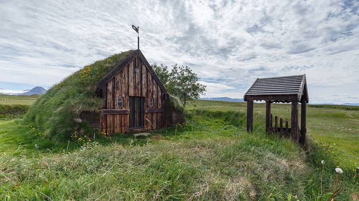 A small wooden house covered in grass under a cloudy sky