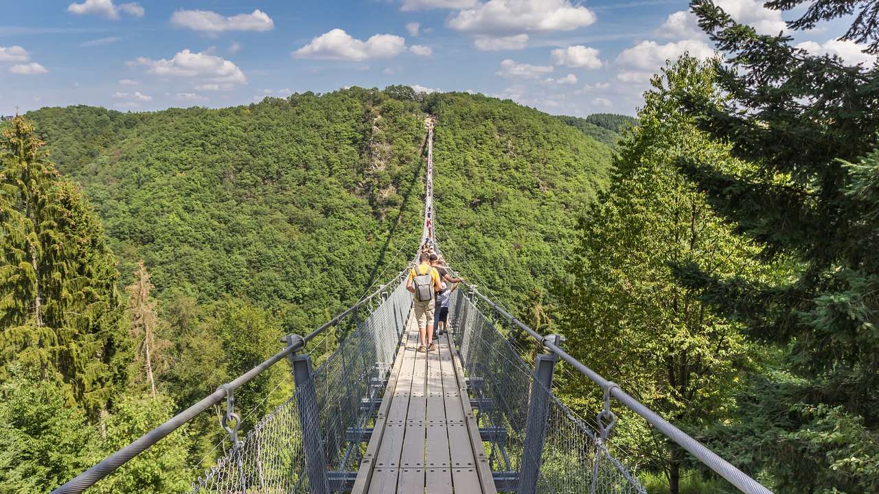 A suspension bridge stretching across a green forest with people walking along it