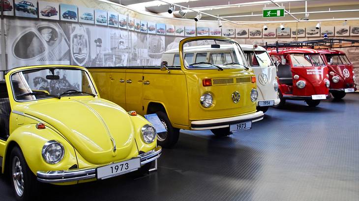 A row of colorful Volkswagen vehicles in a museum