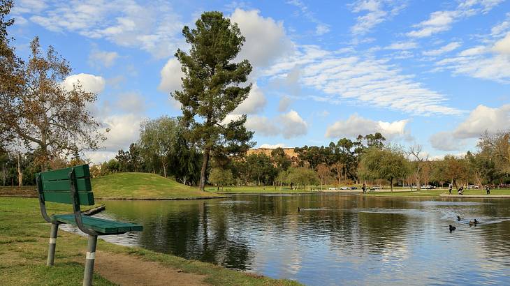 A lake next to green grass, trees, and a bench under a blue sky with clouds