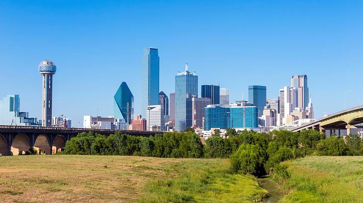 The Dallas city skyline with modern skyscrapers and grass and trees in the foreground