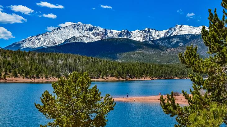 A snow-covered mountain next to a lake and green alpine trees