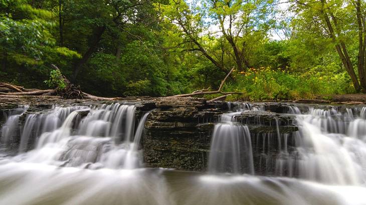 A small waterfall cascading into a pool over rocks with green trees surrounding it