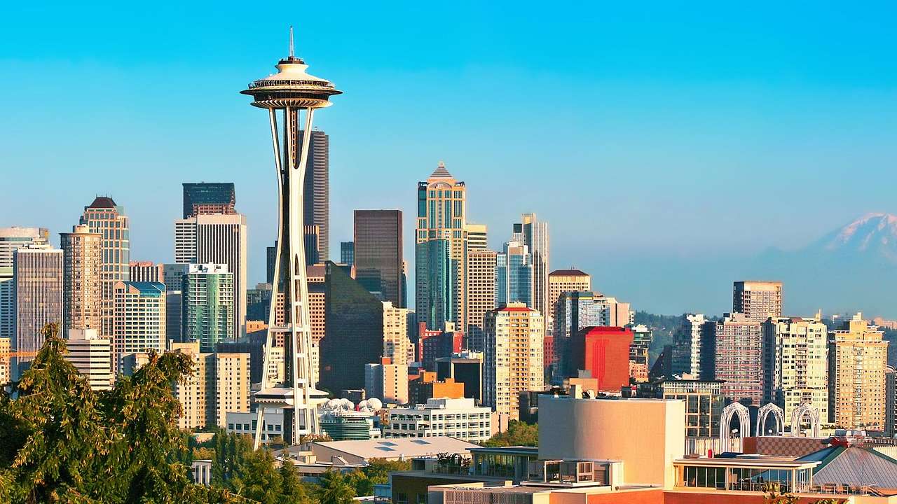 The Seattle skyline with tall buildings and an observation tower under a blue sky