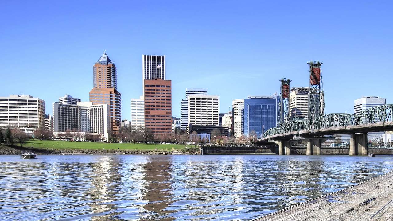 City buildings next to a bridge and a river under a clear blue sky