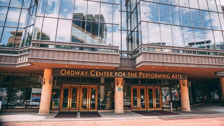 The entrance to a building with an "Ordway Center for Performing Arts" sign