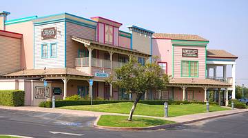 An old-fashioned pastel-colored saloon with a tree and grass in front of it