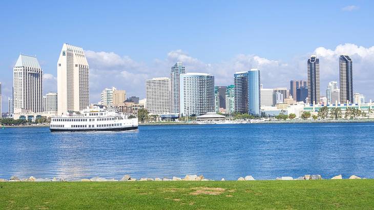 Green grass and a river with a cruise ship on it next to a city skyline