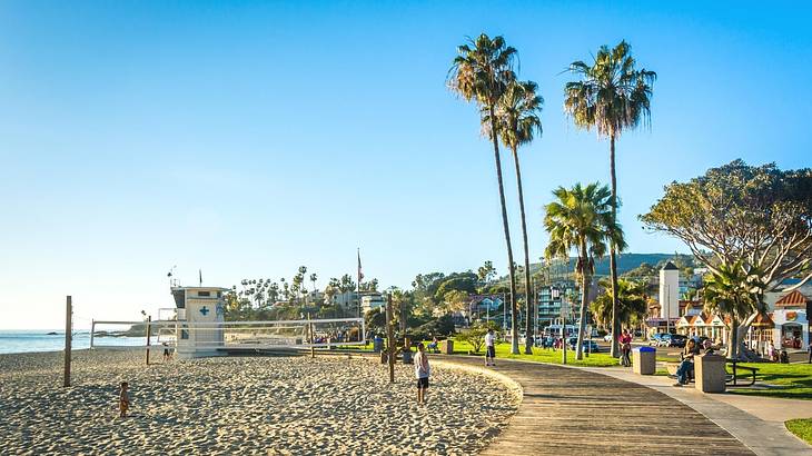 A sandy beach with a volleyball net on it next to a wooden path and palm trees