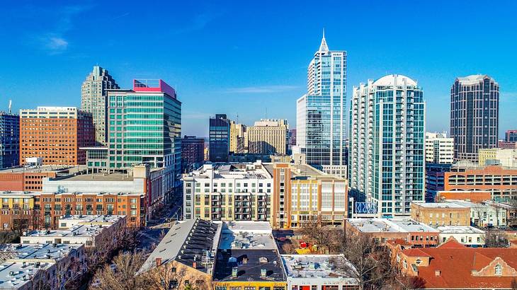 A city skyline with tall buildings and bare trees under a blue sky