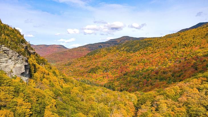 Mountains covered in green, orange, and yellow trees under a blue sky with clouds