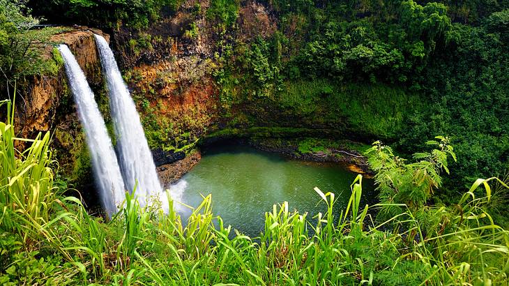 Two side-by-side waterfalls with green tropical rainforest trees surrounding them