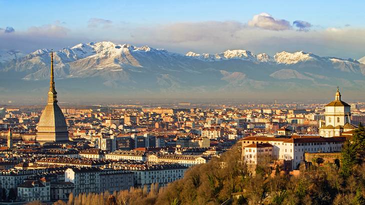 Turin with the Alps in the background and the Mole Antonelliana on the left