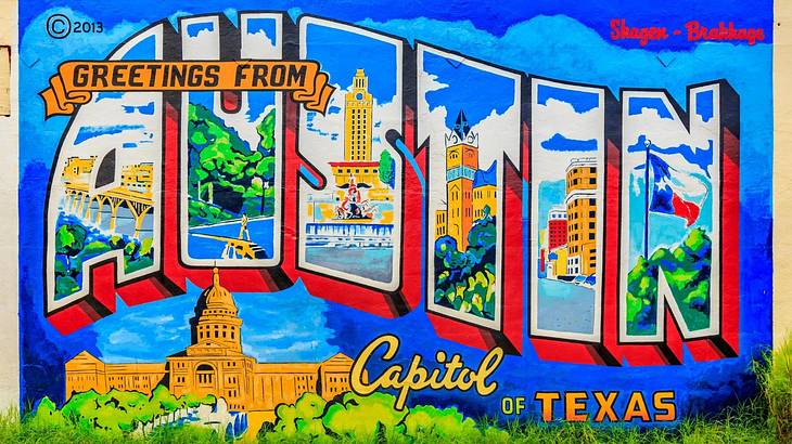 A street art mural of a postcard that says "Greetings from Austin, Capitol of Texas"