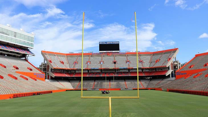 The inside of a football stadium on a clear day