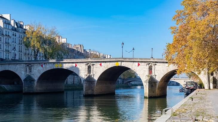 A bridge over a river with trees and a path on one side and buildings on the other