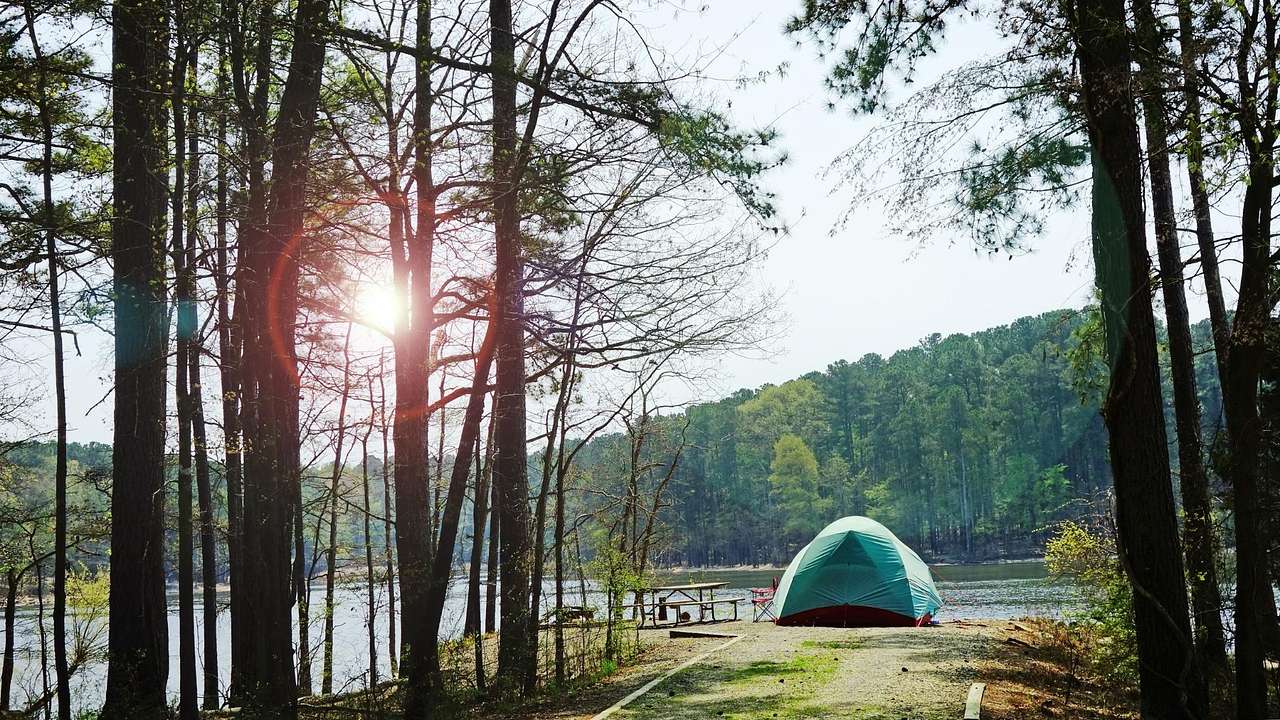 A tent in woodlands with a lake and green trees in front of it