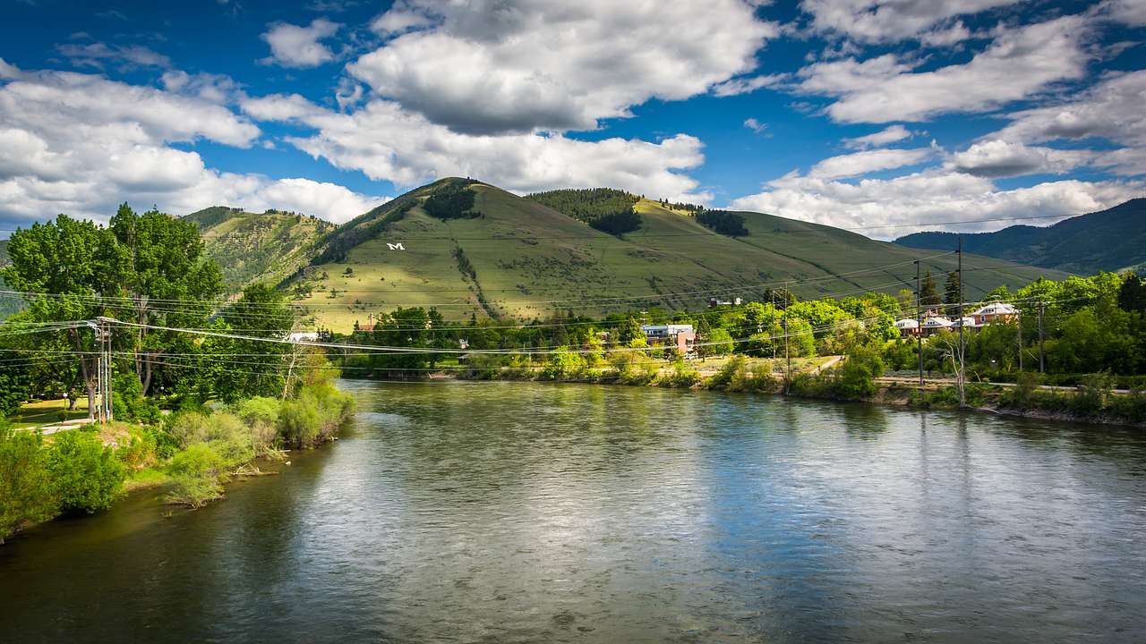 A river with trees and a greenery covered mountain on the banks