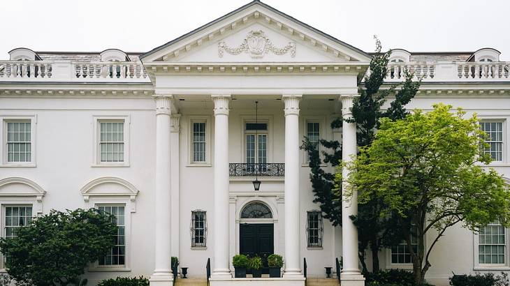 A white mansion with a black door and trees in front of it