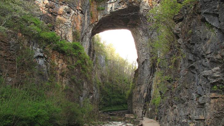 A natural stone arch with a river running through it and greenery surrounding it