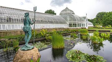 A green statue in a pond with a glass conservatory to the side