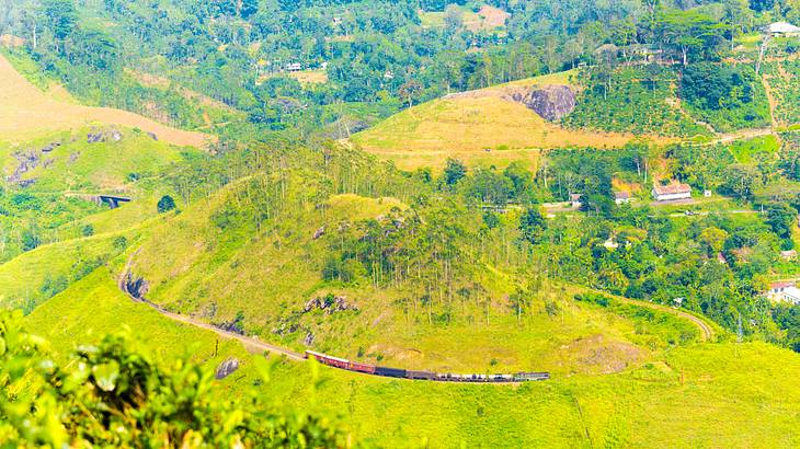 Railway line, Distant view of Demodara Loop, Sri Lanka