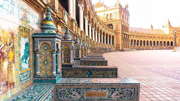 Stepped tiled alcoves along a palace in a square