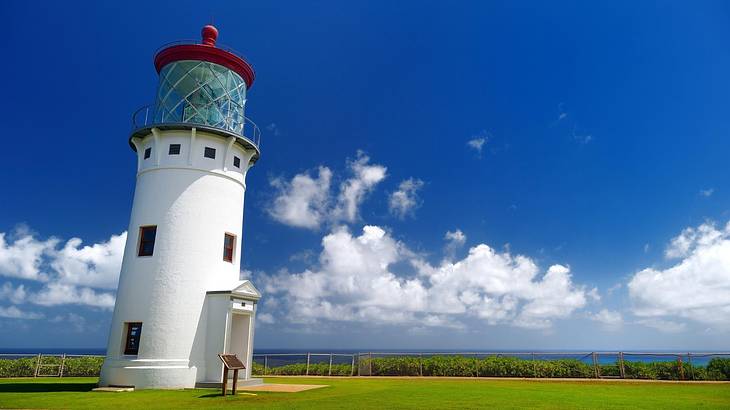 A white lighthouse with a red top on the grass with a coastline in the distance
