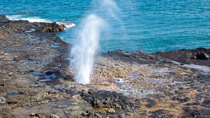 Volcanic rocks with water spouting out of them and the ocean in the background