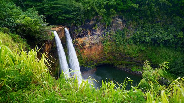 A twin waterfall flowing into a pool below, surrounded by lush greenery