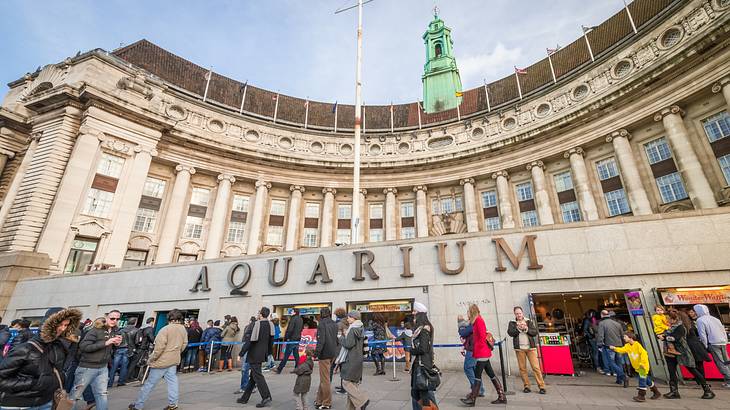 Big text "Aquarium" on a concrete building with a curved structure at the back