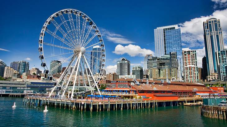Waterfront consisting of a ferris wheel and buildings, Seattle, Washington, USA