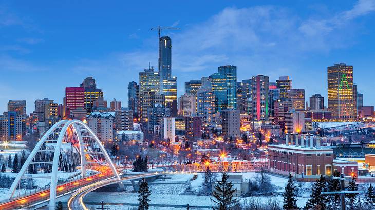 Downtown Edmonton skyline just after sunset in winter, Alberta, Canada