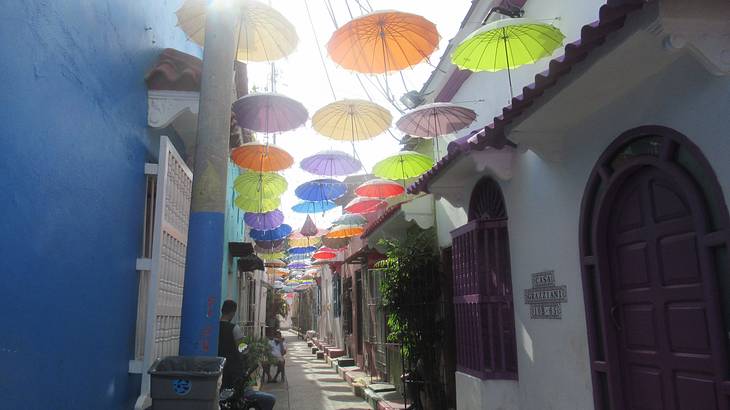 A narrow street with buildings each side and hanging colourful umbrellas