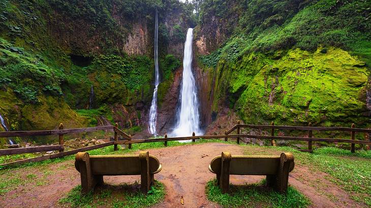 Empty benches in a fenced garden, facing a beautiful waterfall with vegetation around Empty benches in a fenced garden, facing a beautiful waterfall with vegetation around