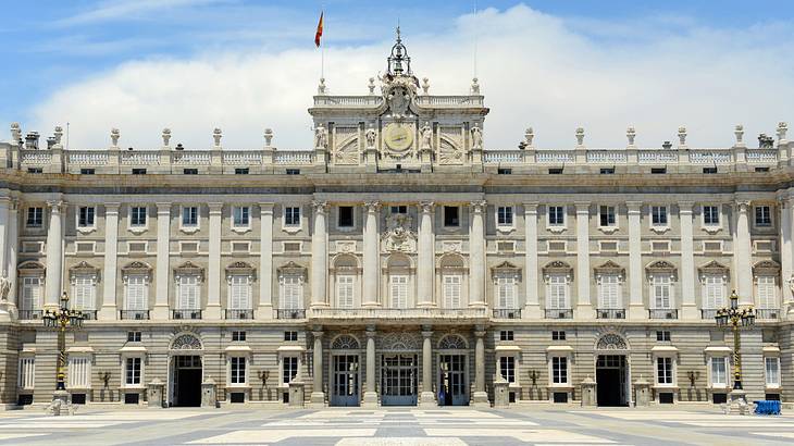 The impressive front facade of the Royal Palace of Madrid, Madrid, Spain The impressive front facade of the Royal Palace of Madrid, Madrid, Spain