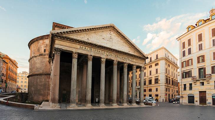 The commanding and gigantic front entrance to the Pantheon, Rome, Italy