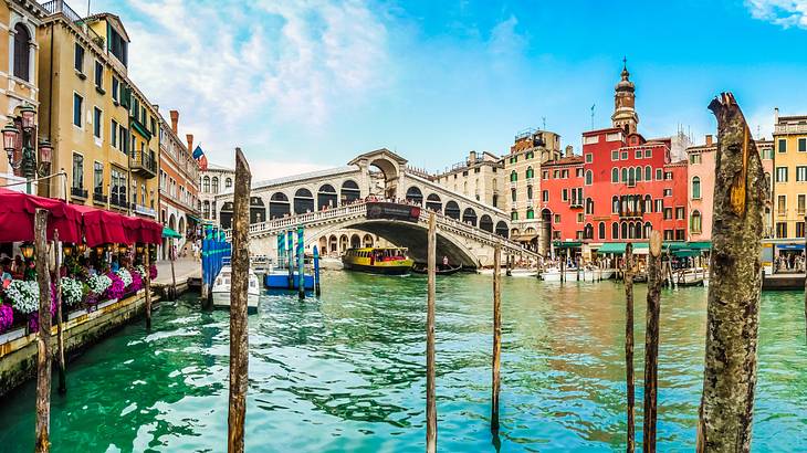 A covered arched bridge with many windows, over a blue canal on a nice day A covered arched bridge with many windows, over a blue canal on a nice day